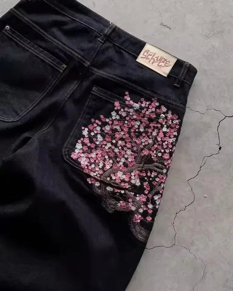 Men's Embroidered Wide Leg Denim Jeans for Casual Everyday Wear