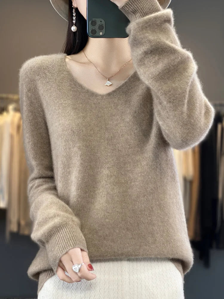 Women's V Neck Long Sleeve Sweater Casual Knit Layer