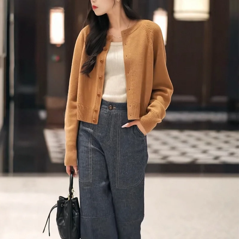 Autumn/Winter round-neck 100% wool knitted sweater cardigan women's coat long-sleeved top