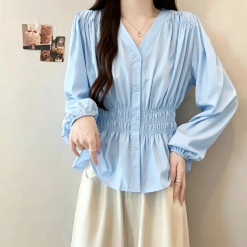 Women's Smocked Waist V Neck Button Front Blouse