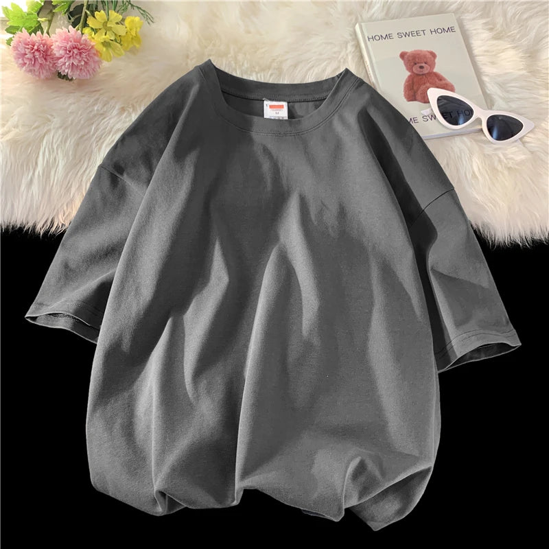 Solid Crew Neck Short Sleeve Loose Casual T Shirt