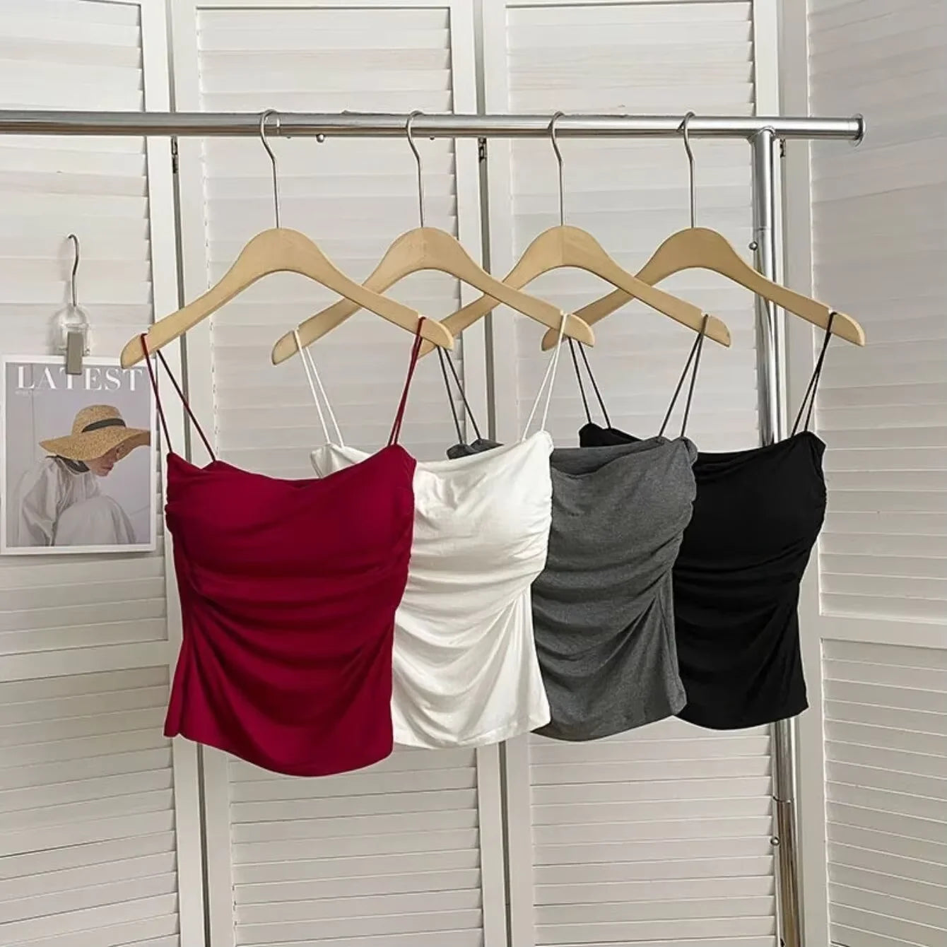 Women's Ruched Crop Top with Thin Shoulder Straps and Cropped Length