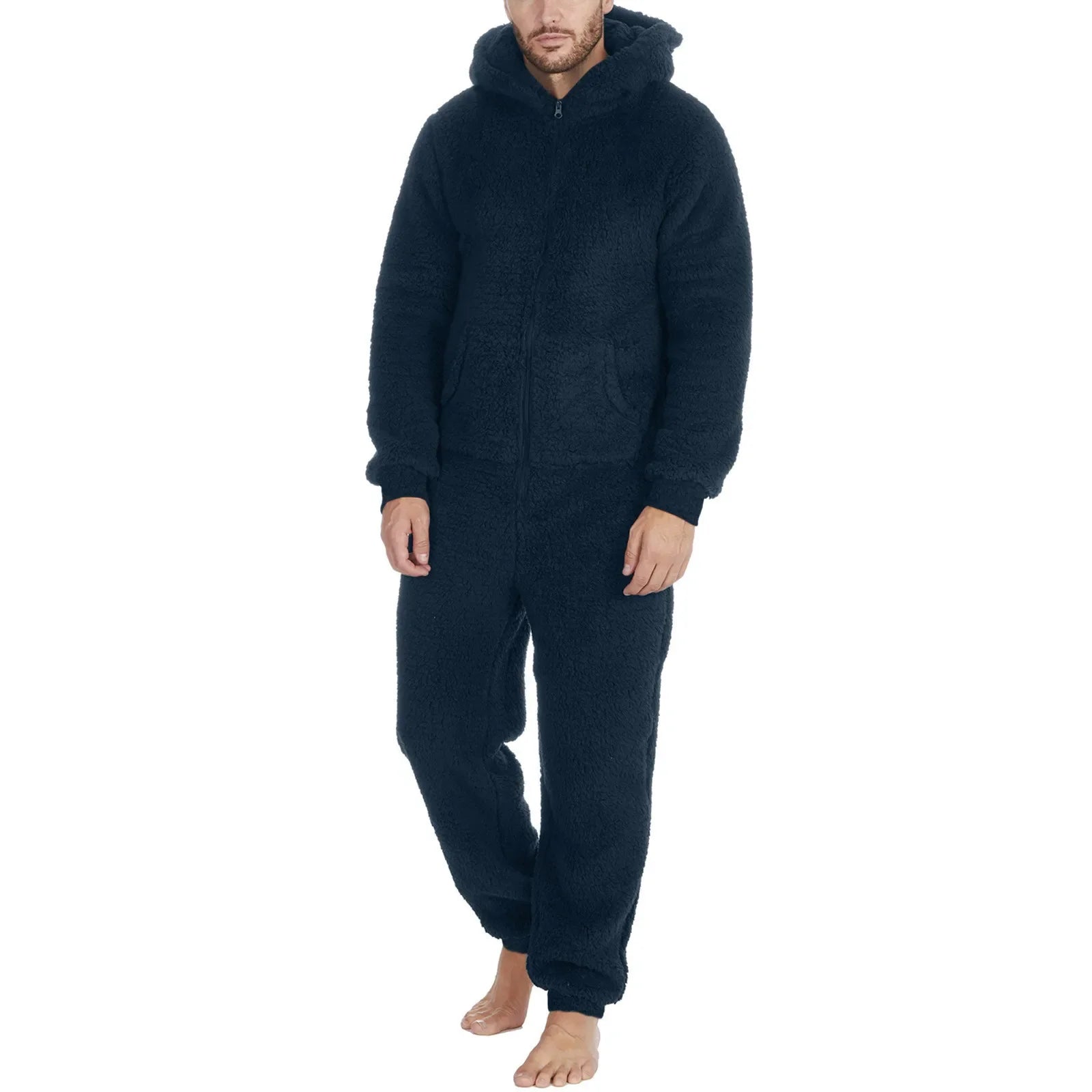 Men's Hooded Zip Front Long Sleeve Plush Pajama Jumpsuit