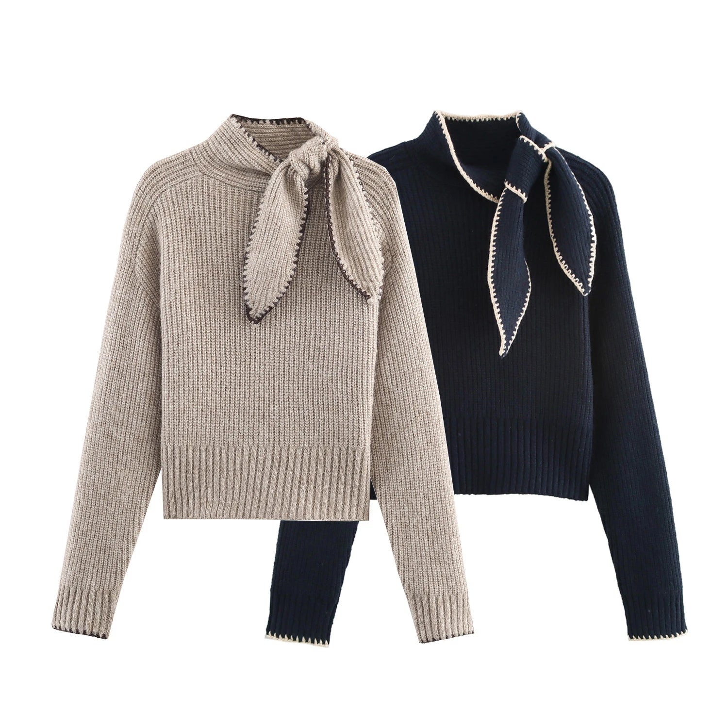 Women's Tie Neck Long Sleeve Knit Sweater Casual Knit Layer
