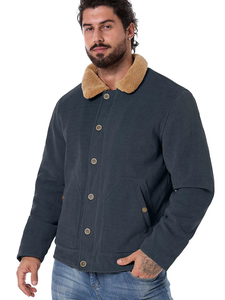 Men's Winter Corduroy Jacket Fleece Warm Lined Cargo Work Jacket Casual Thick Sherpa Collar Trucker Deck Navy Coats