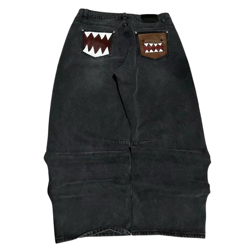 Men's Tooth Embroidered Wide Leg Denim Jeans for Casual Everyday Wear