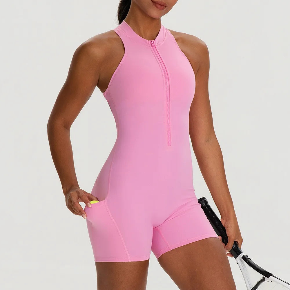 Women's Halter Neck Nylon Blend Workout Romper with Front Zip