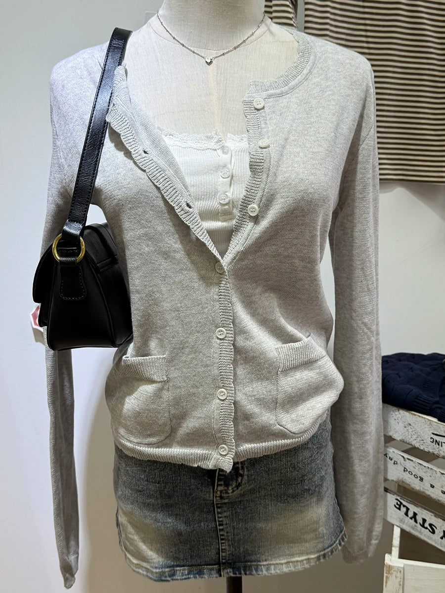 Women's Round Neck Button Front Cardigan Casual Knit Layer