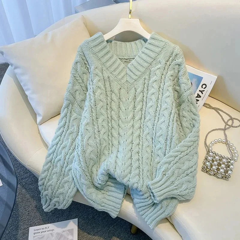 Women's V Neck Cable Knit Sweater Casual Knit Layer