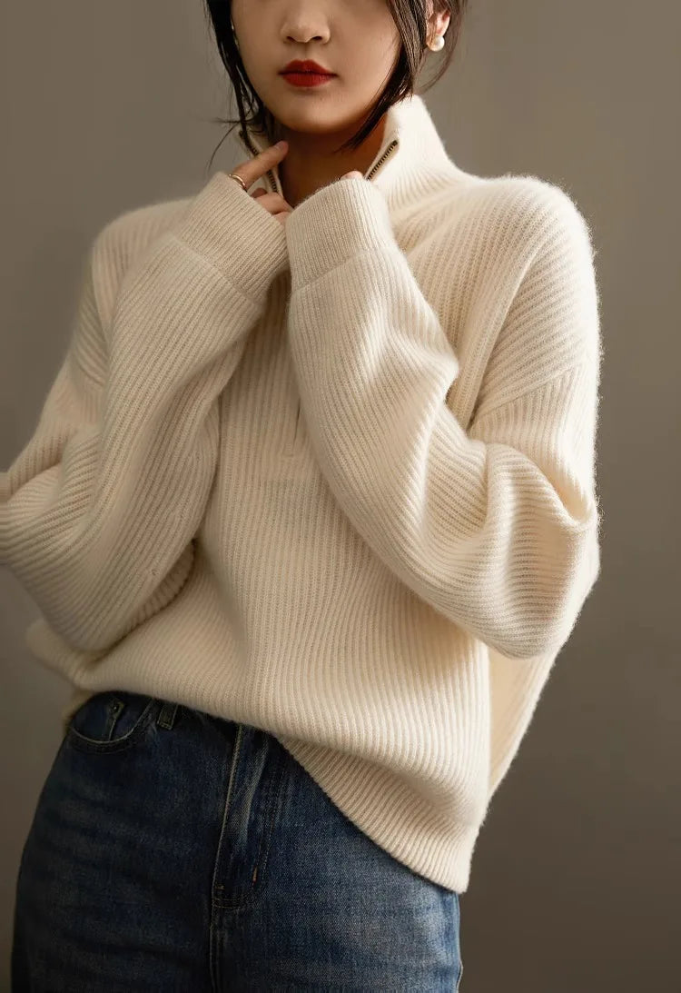 100% pure cashmere sweater women's half zip stand collar thick loose lapel pullover sweater