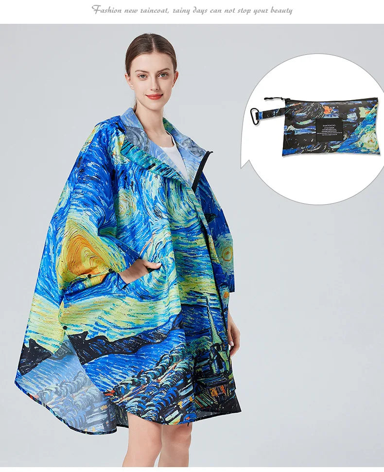 Hooded Printed Poncho for Layering over Tops and Dresses