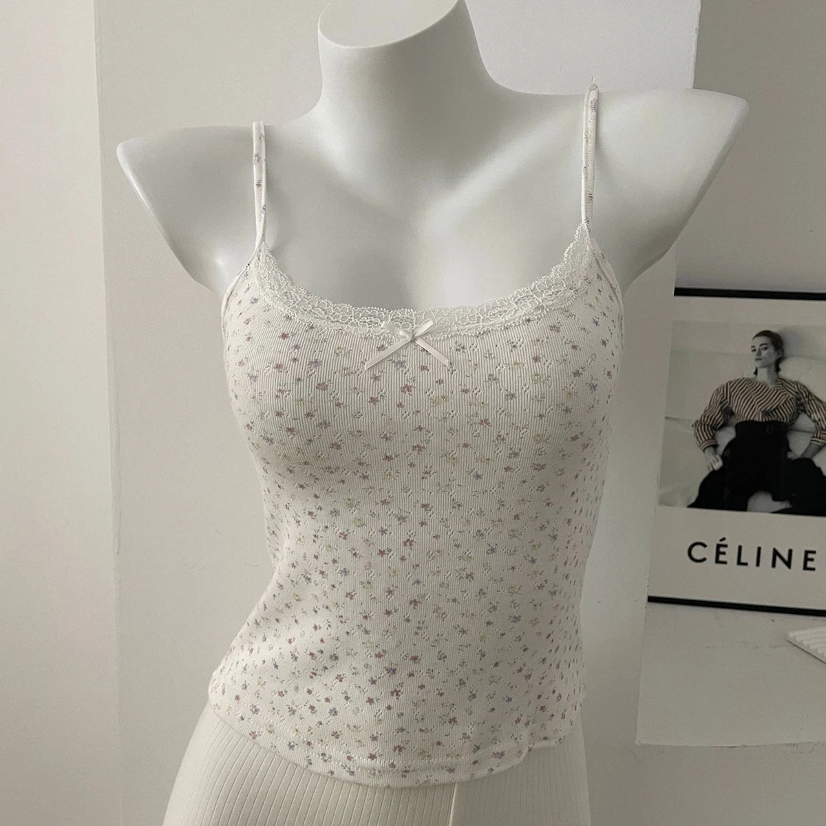 Women's Lace Trim Cotton Camisole with Bow Detail and Multiple Pattern Options