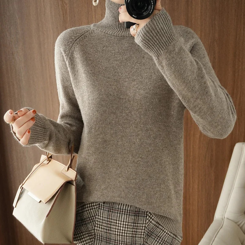 Women's Plain Ribbed Roll Neck Sweater Casual Knit Layer
