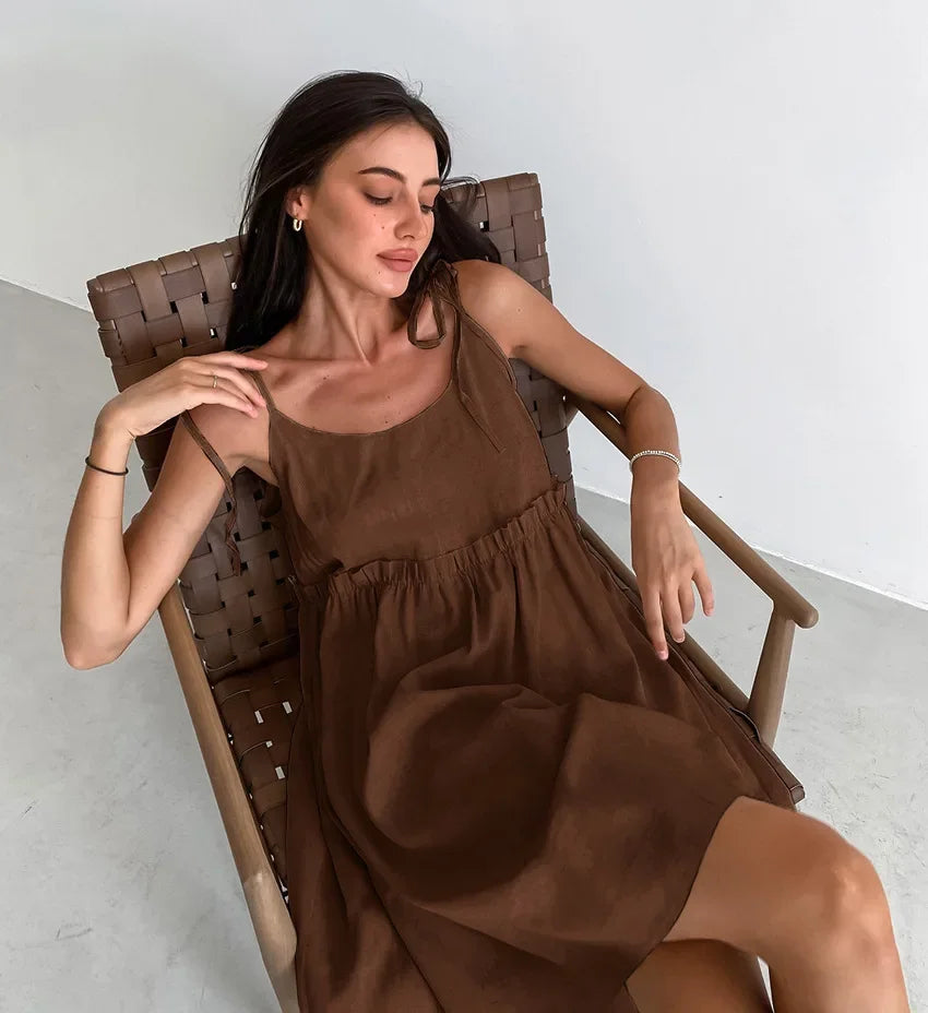 Women's Cotton-Linen Sleeveless Mini Dress with Tie Straps for Casual Summer Outfits