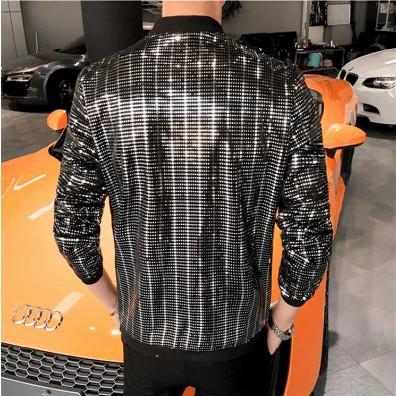 Metallic Finish Long Sleeve Front Zip Casual Bomber Jacket