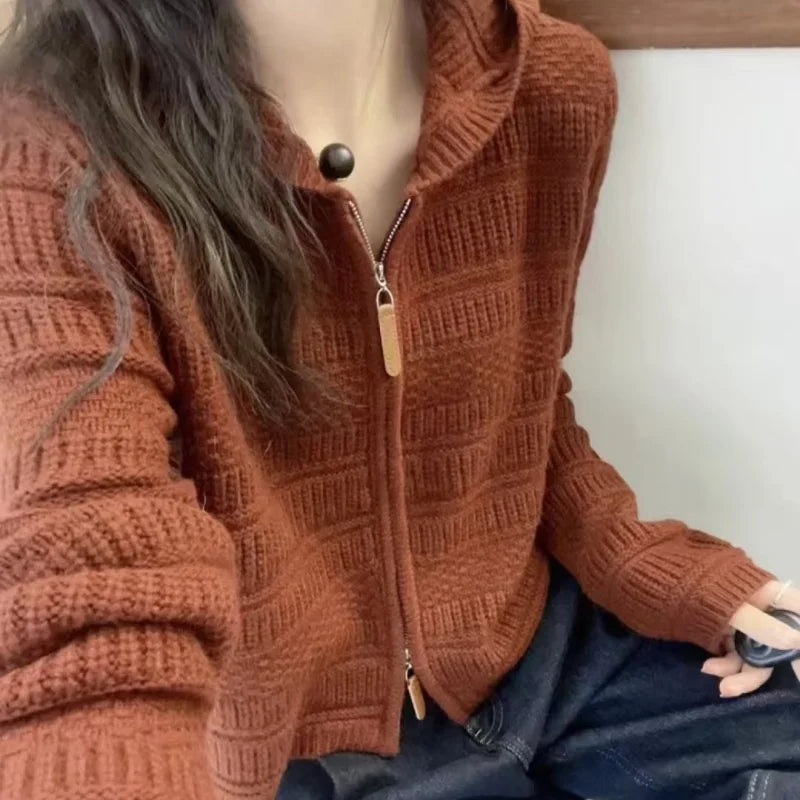 Autumn and Winter Thickened 100% Pure Wool Women's Hooded Knit Cardigan Loose Sweater Coat with Double Zippers Short Style