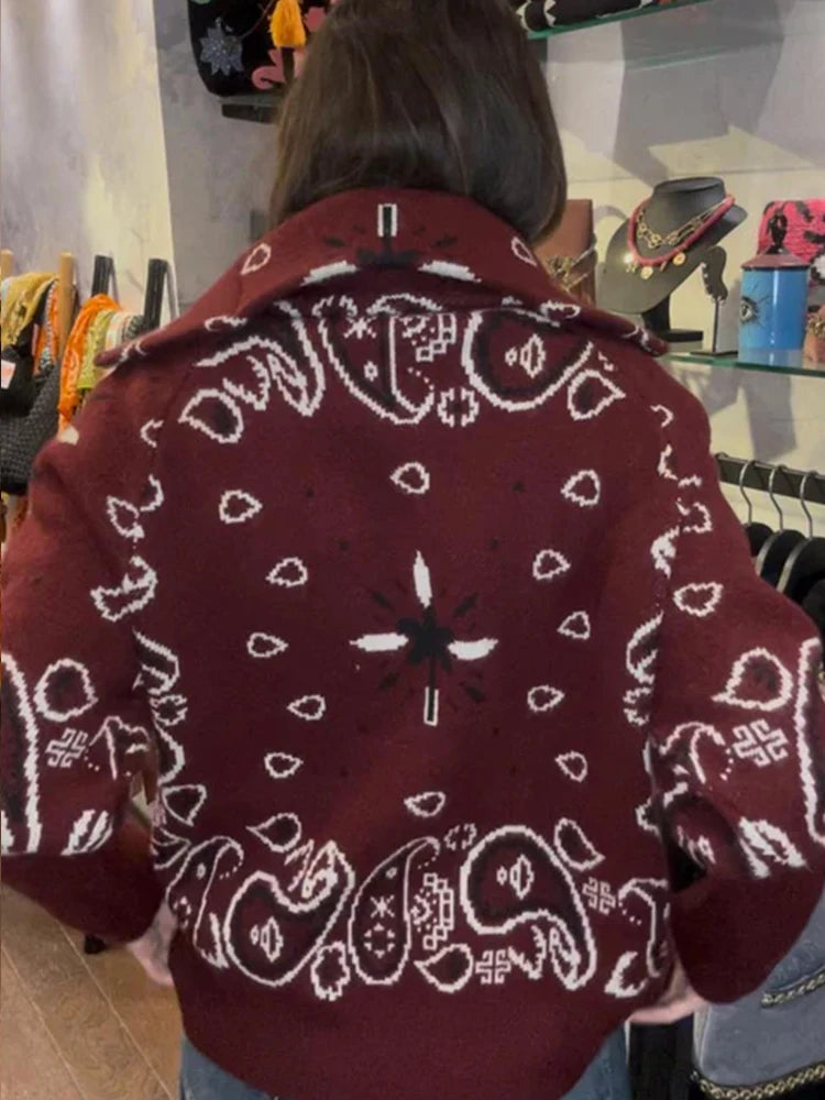 Women's Paisley Stand Collar Zip Front Cardigan Casual Knit Layer