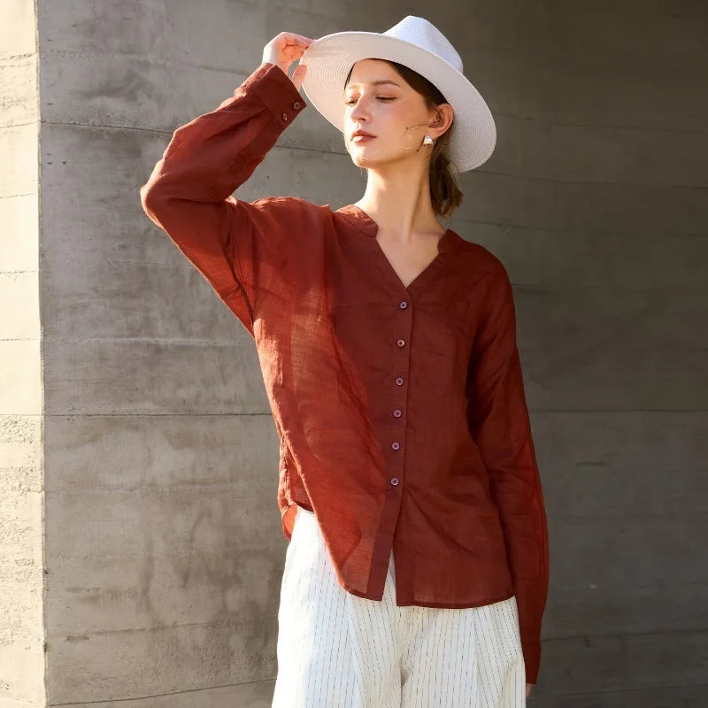 Women's Ramie Long-Sleeve V-Neck Button-Up Shirt with Loose Fit for Casual Outfits