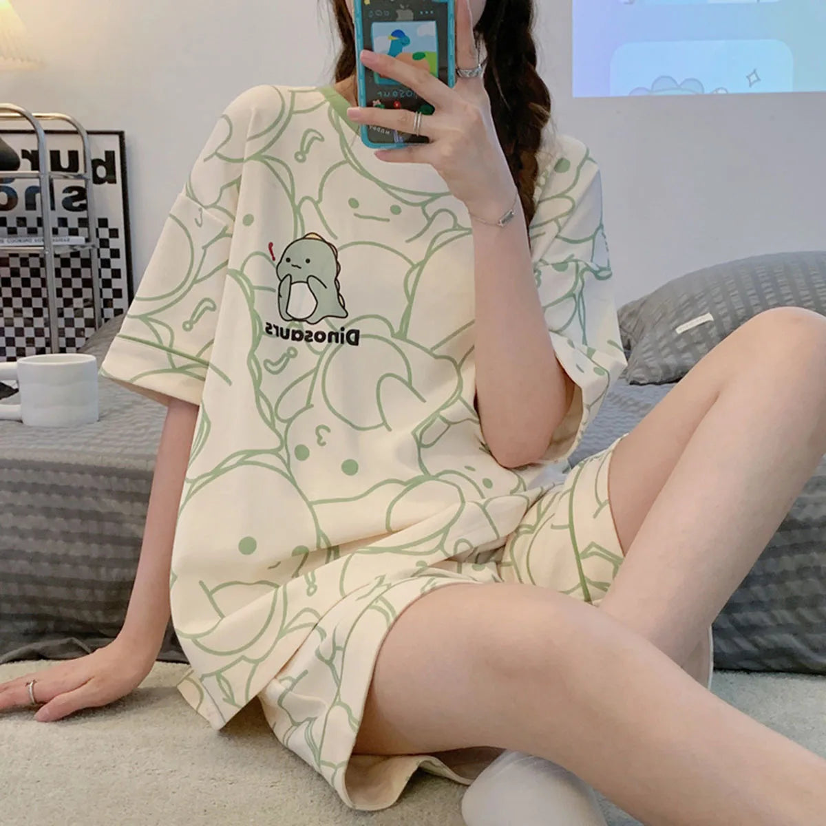 Women's Cartoon Print Short Sleeve Pajama Set with Top and Shorts