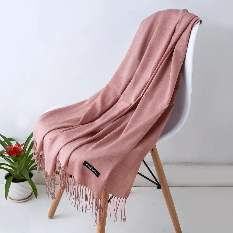 Solid Long Rectangular Scarf with Fringed End Trim