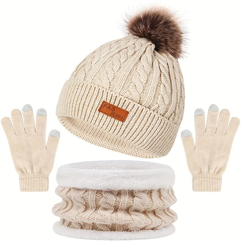 Knitted Hat Scarf and Touchscreen Gloves Set for Outdoor Winter Wear