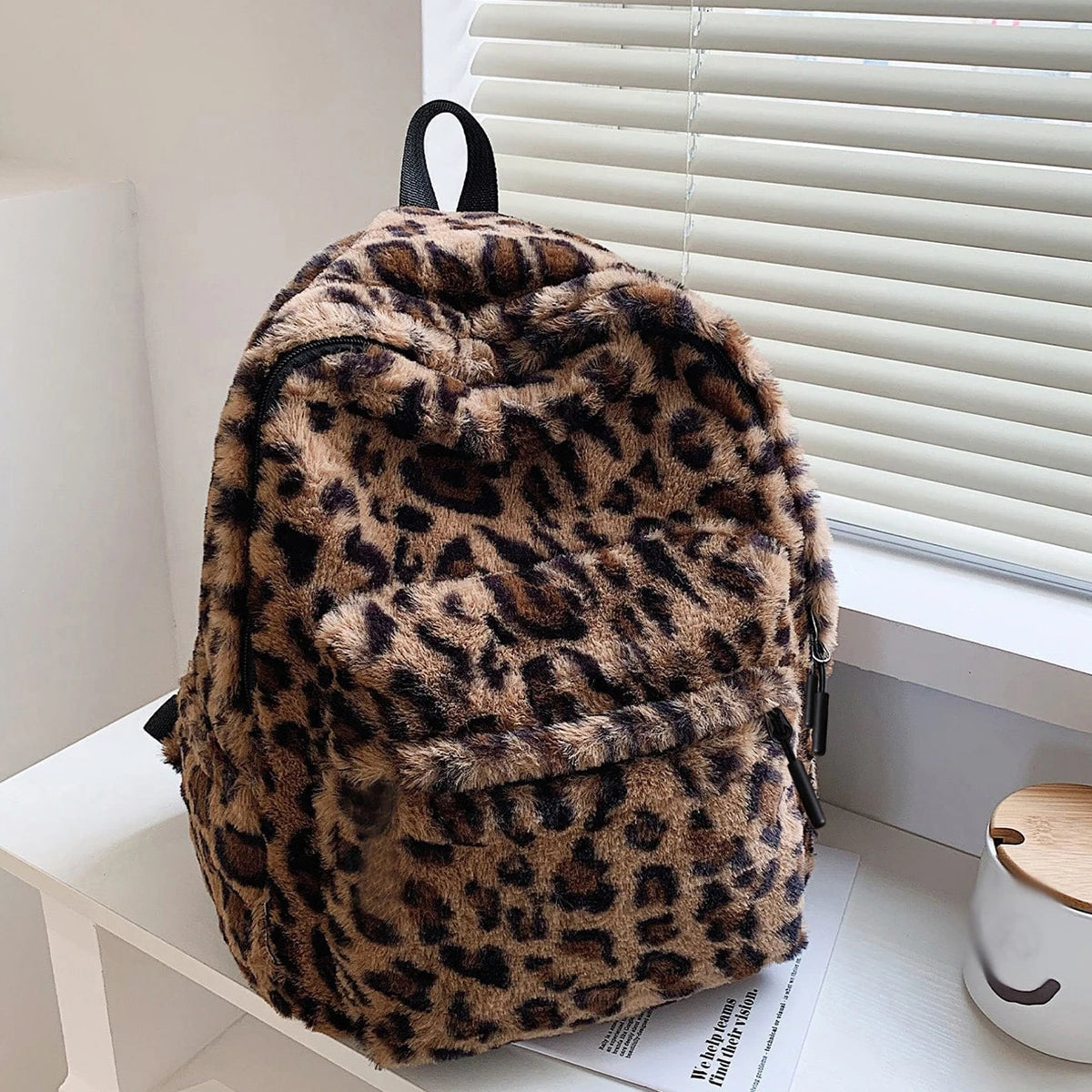 Women's Plush Leopard Print Backpack with Zipper and Adjustable Shoulder Straps