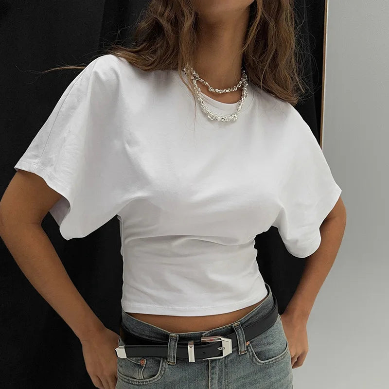 Solid Crew Neck Short Sleeve Cropped Casual T Shirt