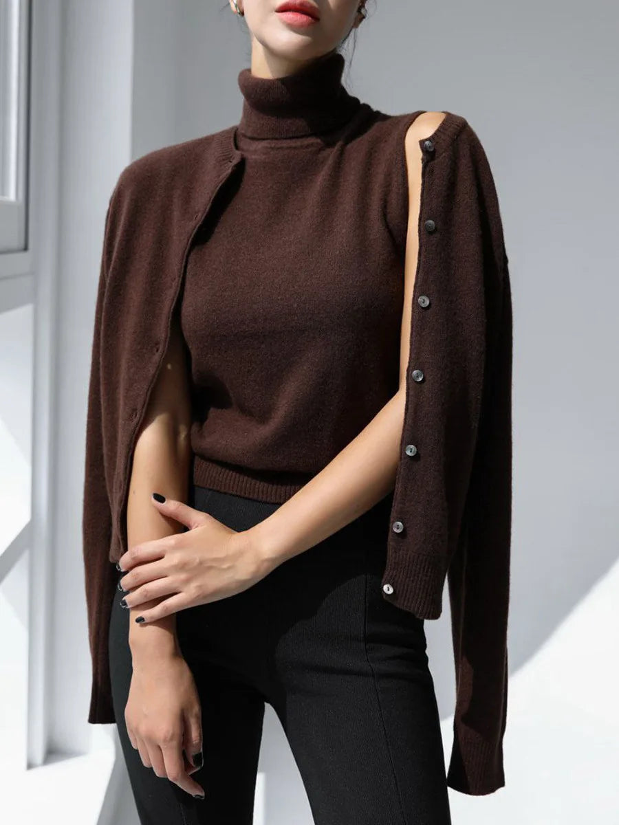 Women's Two Piece Turtleneck Top And Cardigan Clothing Set