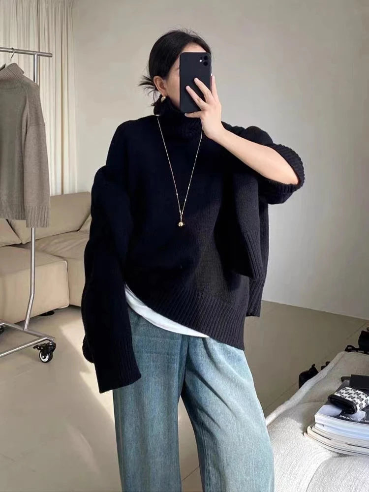 100% pure cashmere sweater for women high-neck sweater loose and thickened silhouette sweater