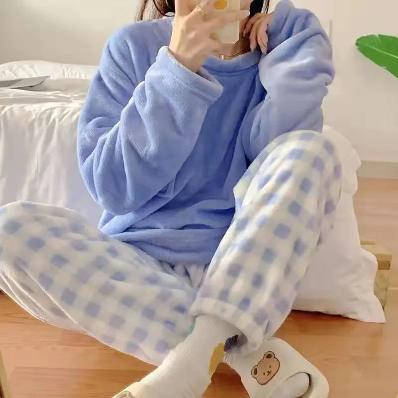 Women's Long Sleeve Plaid Bottom Pajama Set with Top and Pants