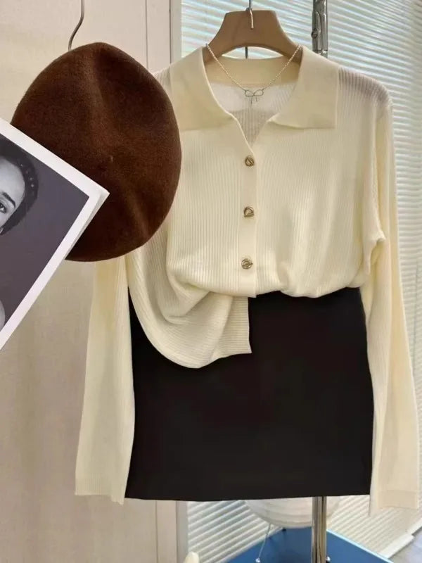 POLO lapel cashmere knit cardigan women's spring and autumn thin loose sweater short wool coat