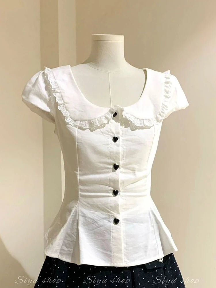 Women's Lace Detail Peter Pan Collar Button Front Shirt