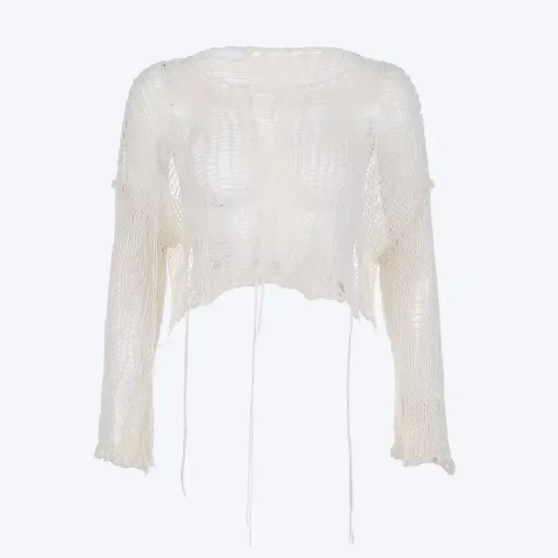 Women's Cotton-Polyester Hollow-Out Cropped Long-Sleeve Loose Knit Pullover Sweater for Layered Outfits