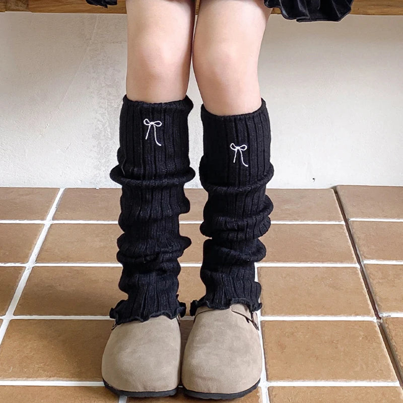 Children's Ribbed Leg Warmers with Embroidered Bow and Ruffled Cuffs