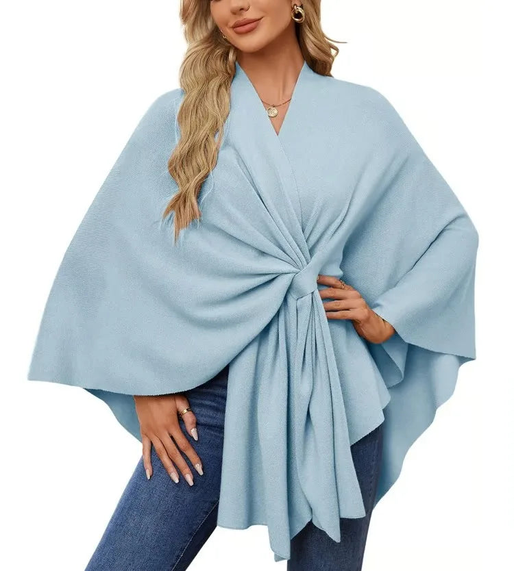 Ribbed Open Front Drape Poncho for Layering over Outfits