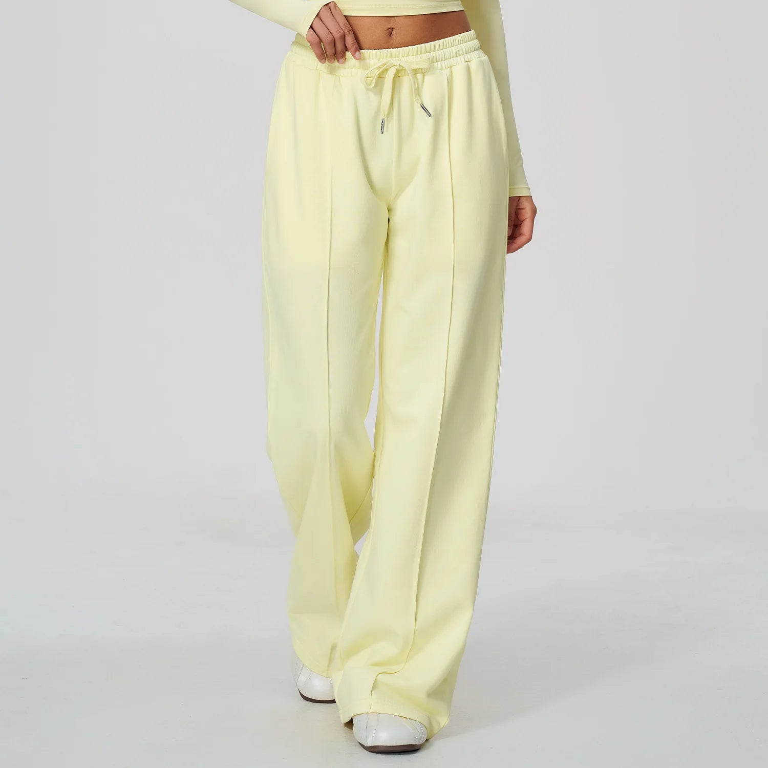 Women's Drawstring Waist Cotton Blend Wide Leg Pants with Side Pockets