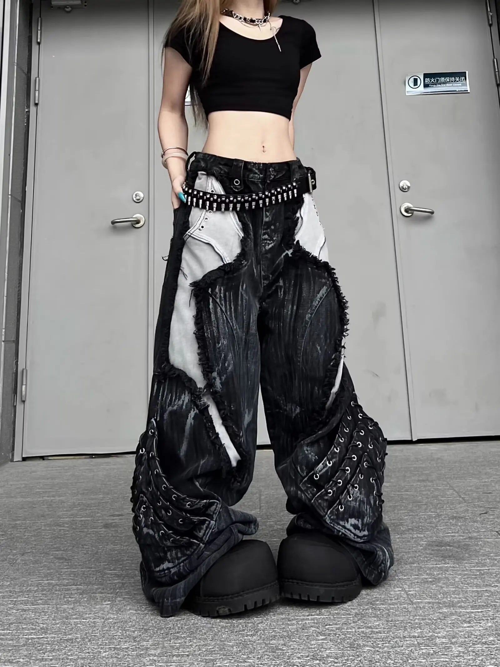 Women's Wide Leg Jeans with Distressed Patchwork and Washed Finish