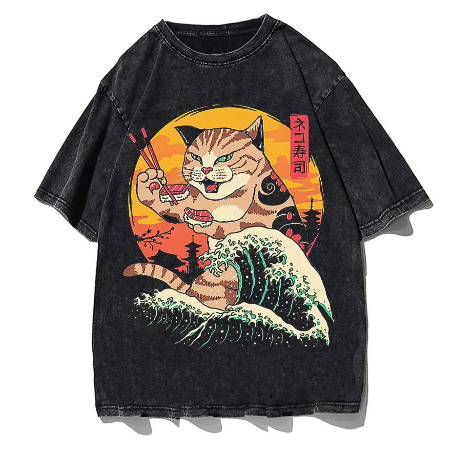 Japanese Genki Cat Anime Print Men's T-Shirt Casual O-Neck