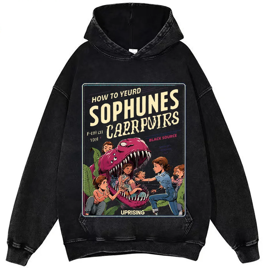 Carnivorous Plant Graphic Washed Tee Men Streetwear Cotton Crewneck