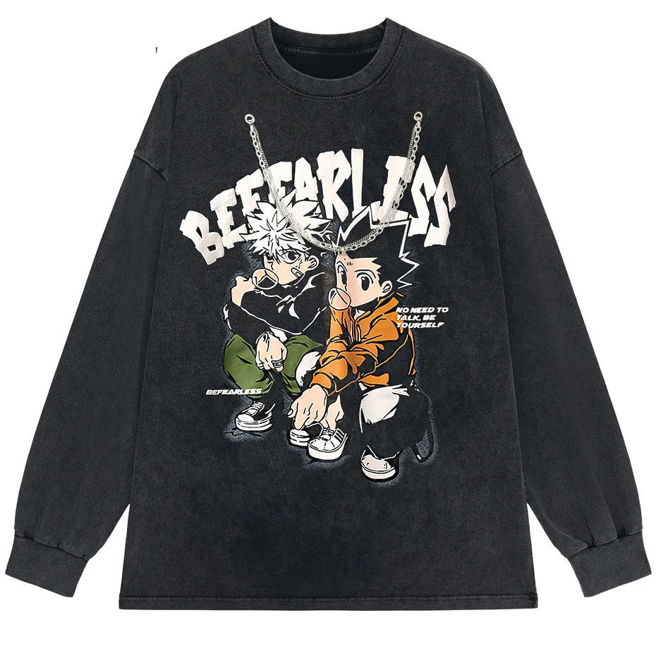 Men's Distressed Anime Graphic T-Shirt Hip Hop Harajuku Streetwear Cotton Oversized Tee