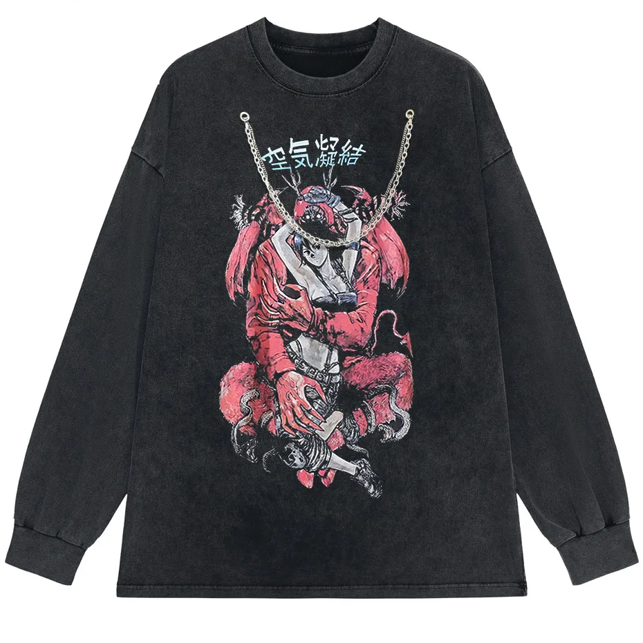 Retro Washed Oversized T-Shirt – Japanese Kanji Anime Graphic Cotton Tee