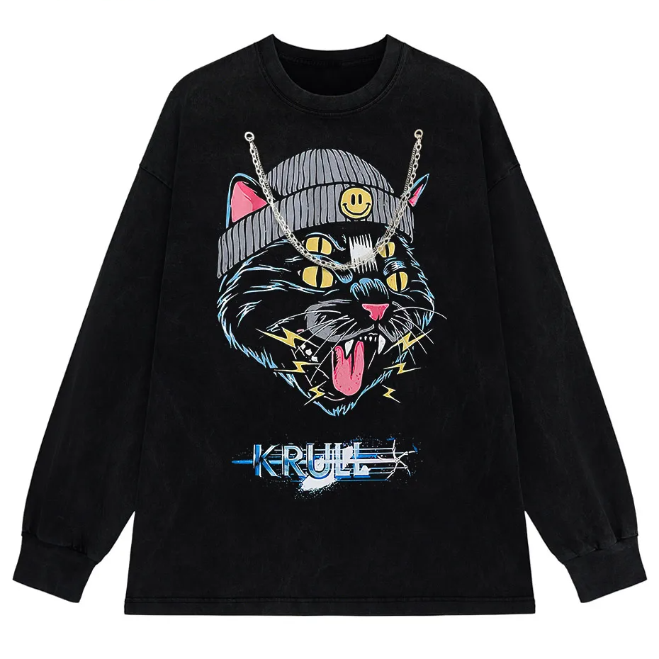Hip Hop Oversized Cat Graphic T-Shirt Washed Cotton Streetwear Harajuku Tee