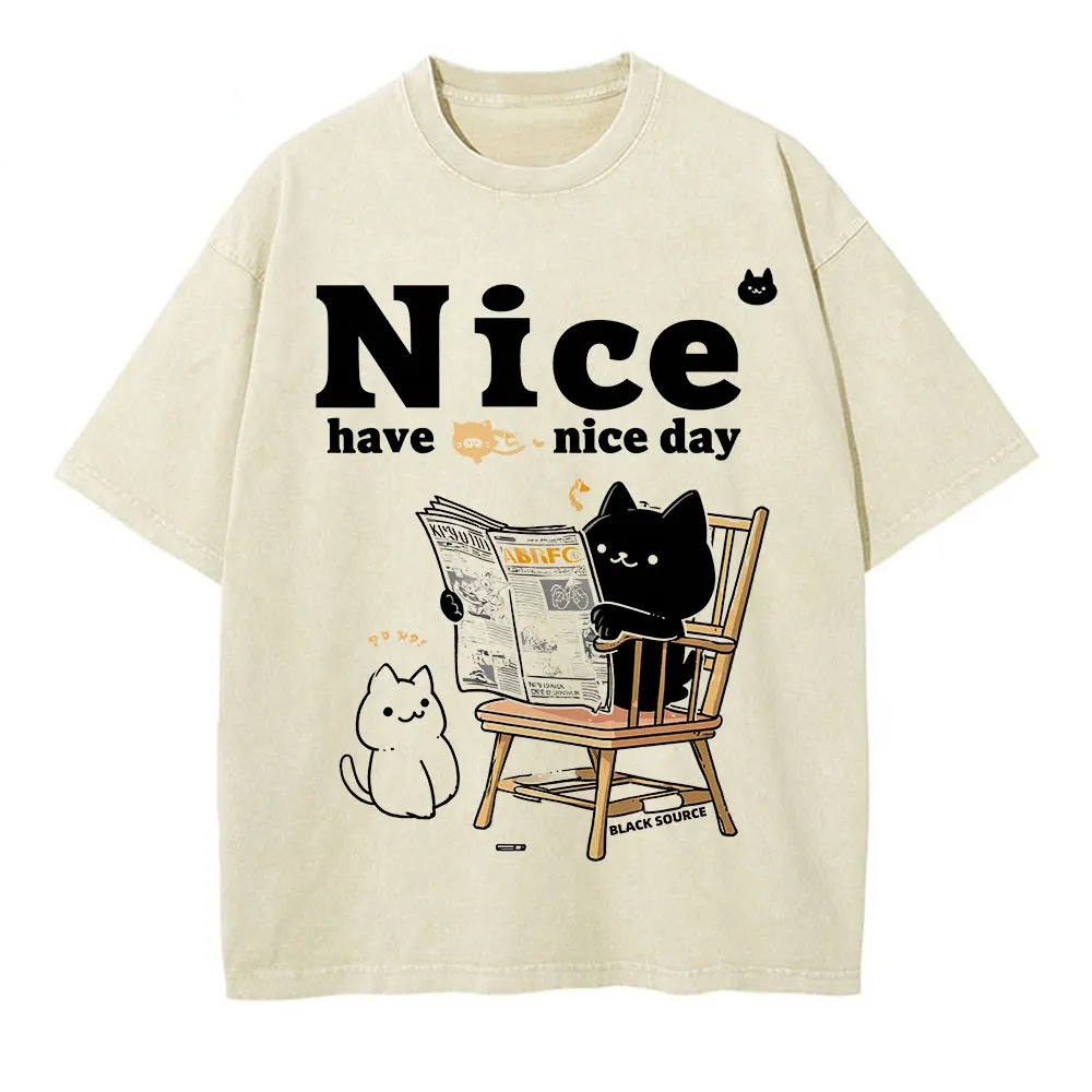 Japanese Cat Cartoon Graphic Baggy T-Shirt Men Streetwear