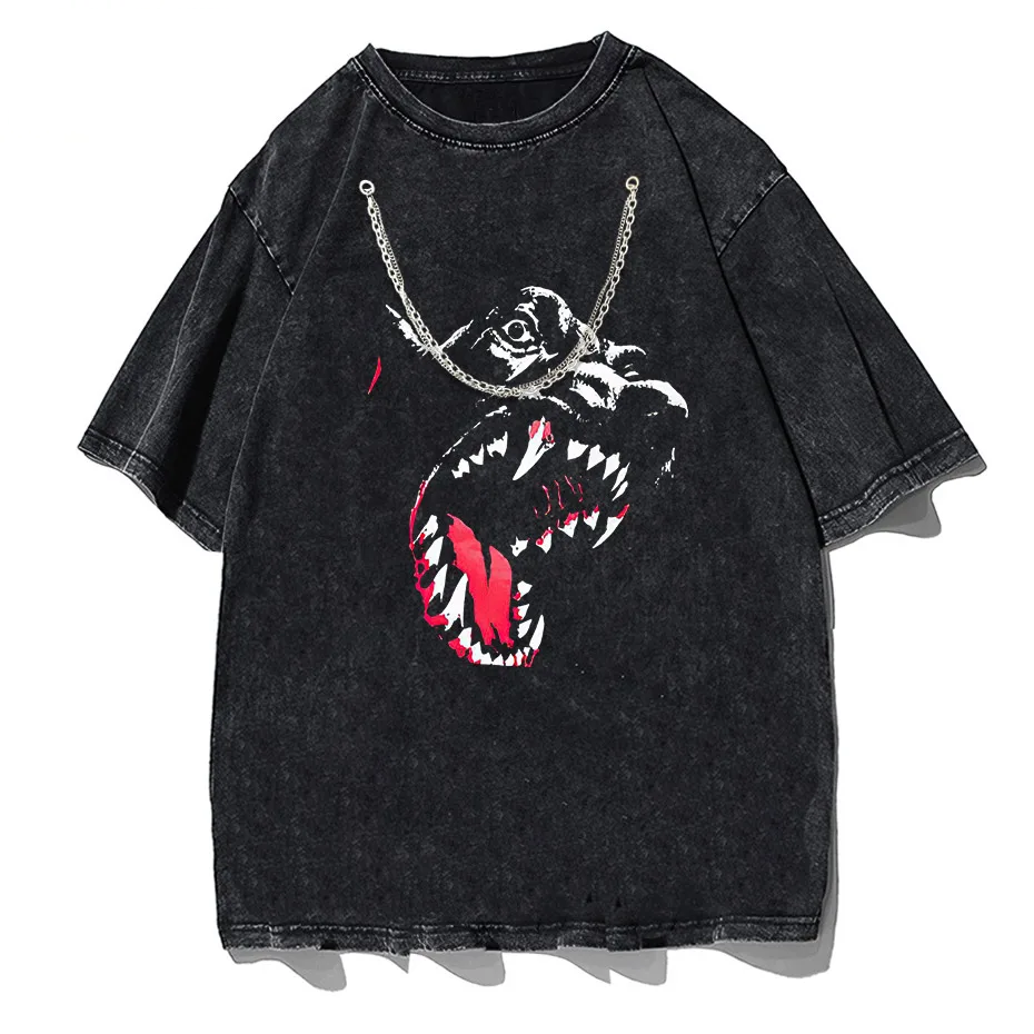 Black Source Vintage Men’s T-Shirt High Street Skull Pattern Acid Wash