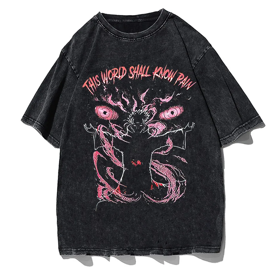 Anime Pain Print Vintage Washed T-Shirt 100% Cotton Harajuku Streetwear