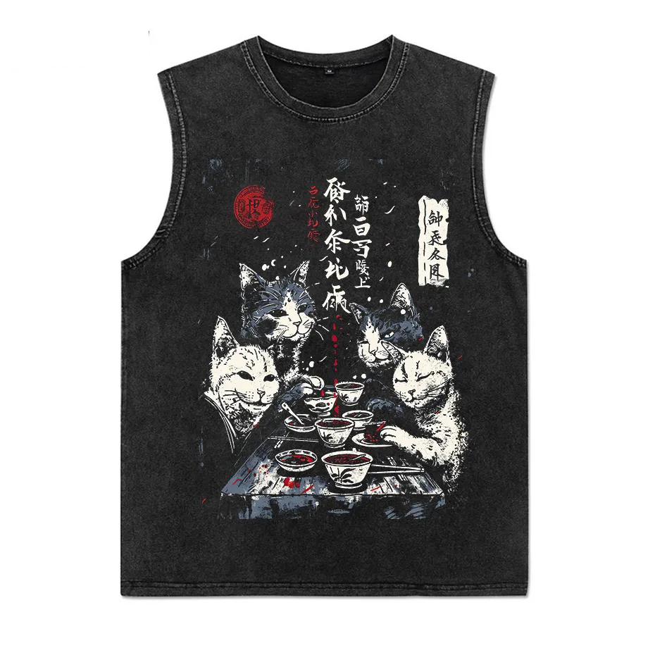 Japanese Cat Cartoon Graphic Baggy T-Shirt Men Streetwear