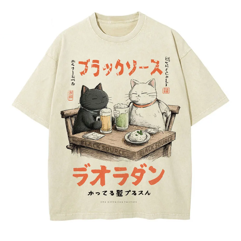 Japanese Cat Cartoon Graphic Baggy T-Shirt Men Streetwear