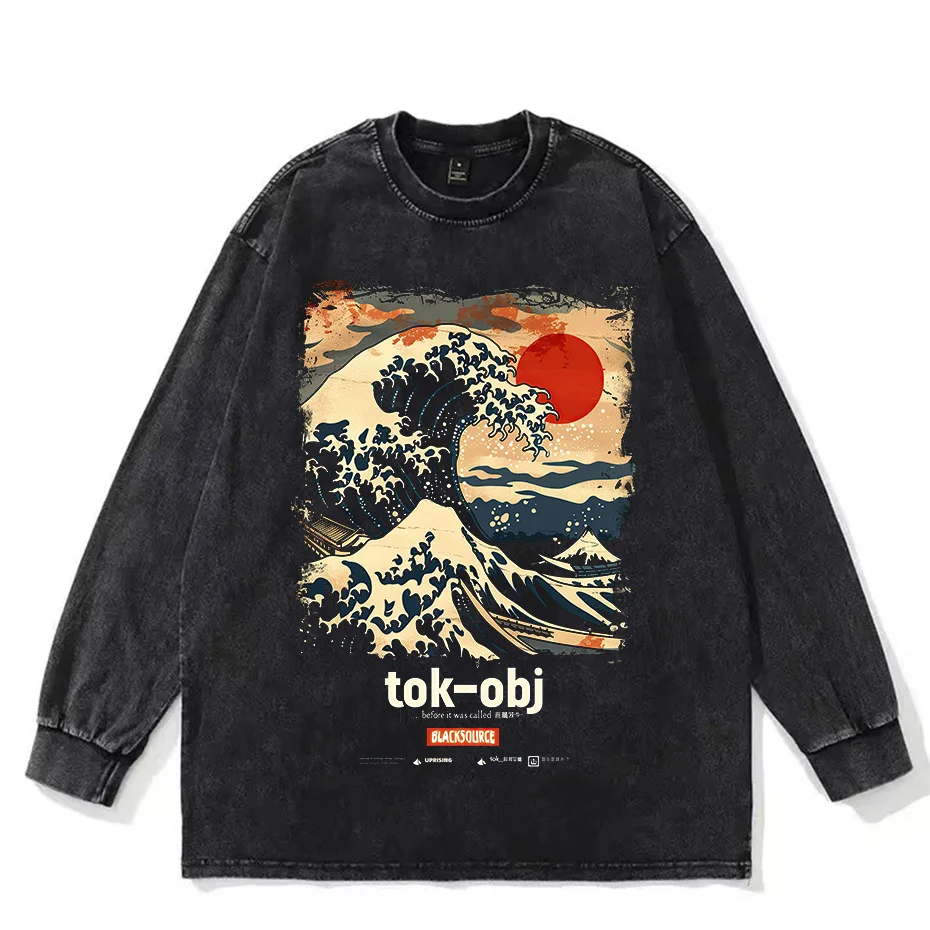 Tokyo Shibuya Wave Graphic T Shirt Men Black Cotton Summer Tee