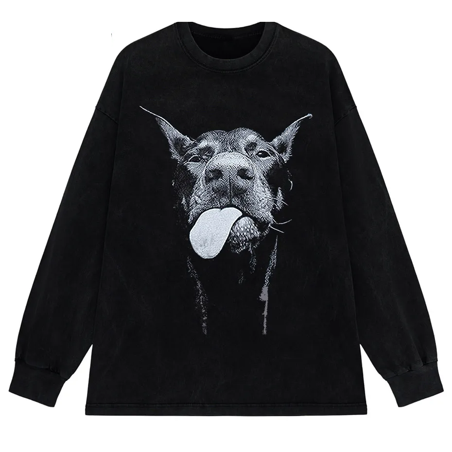 Gothic Dog Letter Print Vintage Washed Oversized T-Shirt