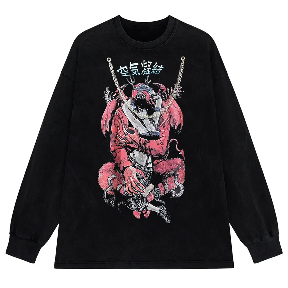 Retro Washed Oversized T-Shirt – Japanese Kanji Anime Graphic Cotton Tee